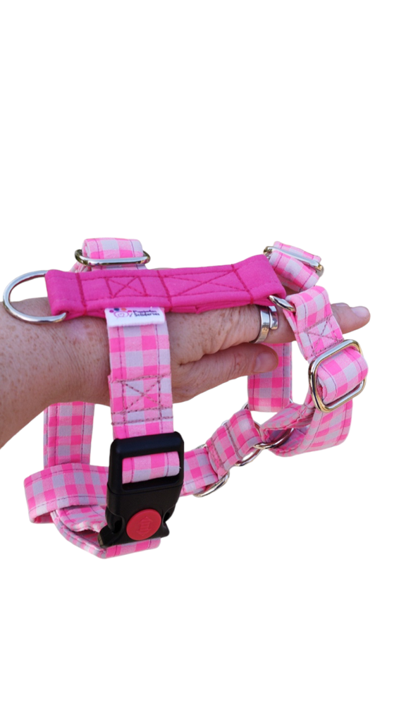 Arnés 2 puntos Vichy fucsia a medida 