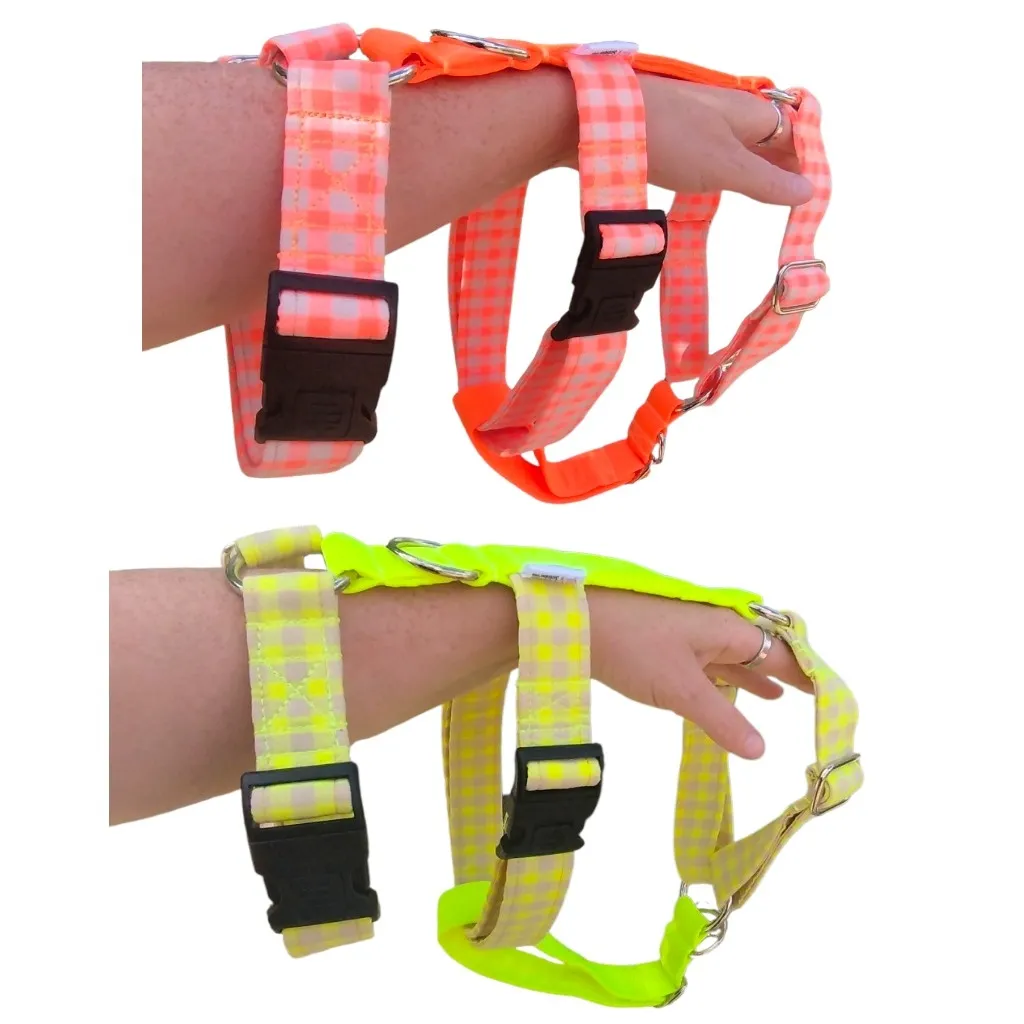 Arnés 3 puntos Vichy flúor (amarillo-naranja) personalizado