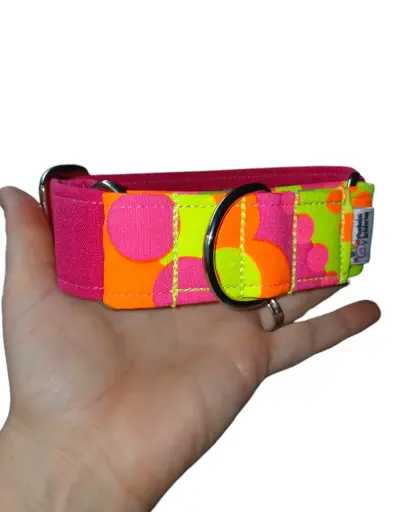 Collar martingale de 4cm rosa+flúor amarillo  círculos 